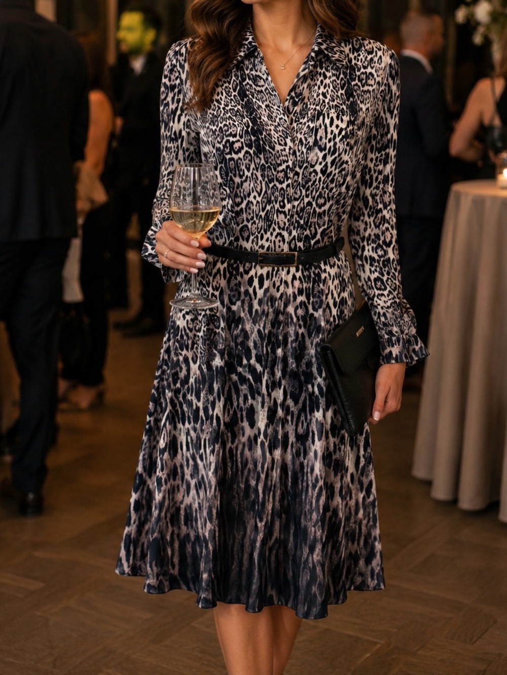 Elie Tahari Black and White Leopard Print Long Sleeve Dress
